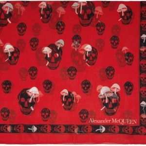 Alexander Mcqueen Red Scarf With Skull And Mushroom Print